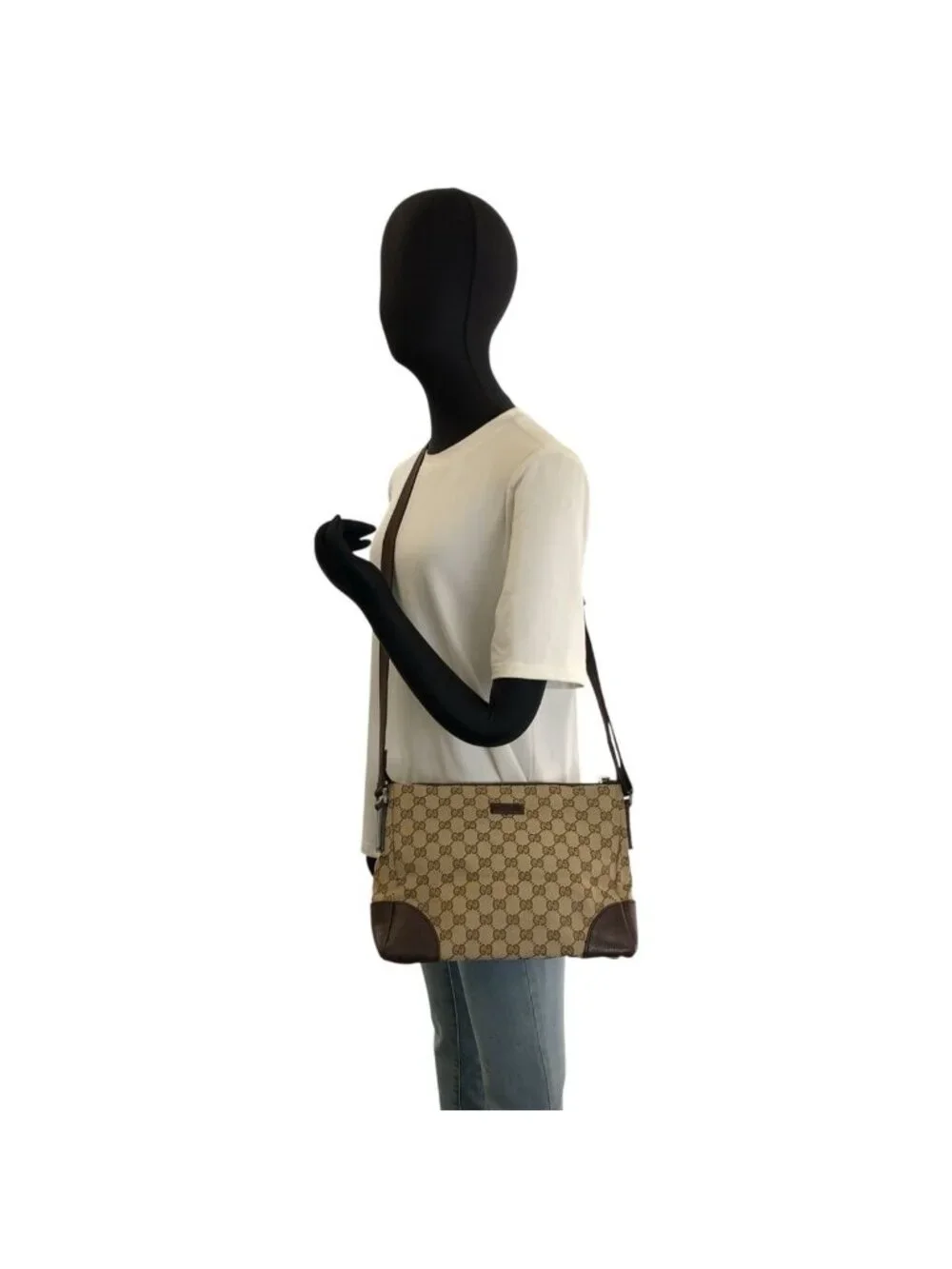 Gucci Beige Brown Silver GG Canvas Leather Shoulder Bag